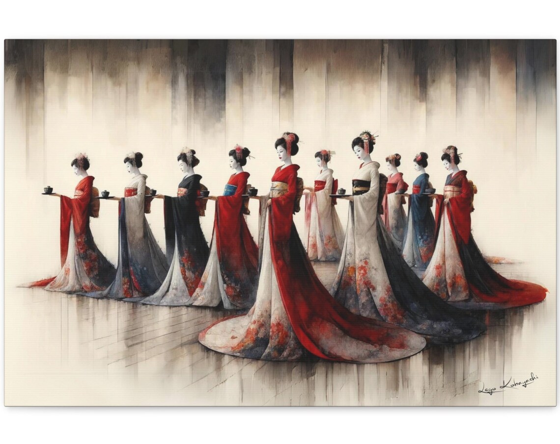 Ten Geisha Kimono Tea Procession Watercolor Japanese Art Poster
