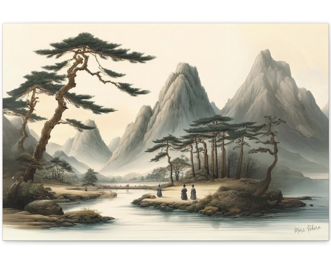 Korean Joseon Ink Wash Majestic Peaks Lake Pine Scholars Art Poster
