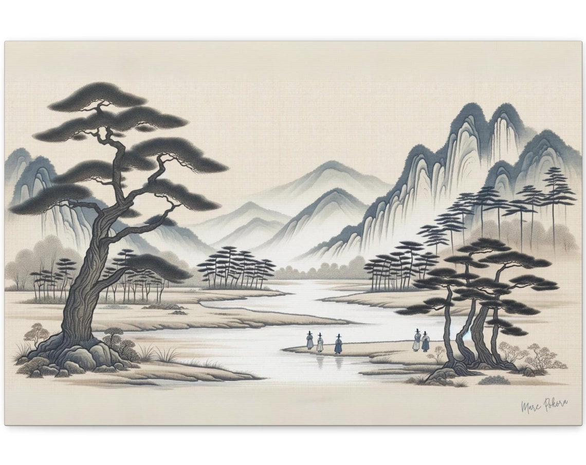 Korean Morning Mist Wide River Pines Sandbar Hushed Poetic Art Poster