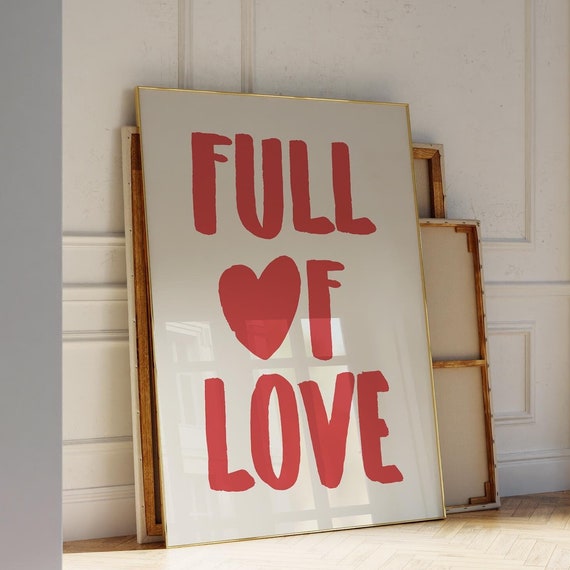 Full Of Love Red Heart Print Wall Art Cute Quote Dorm Room Decor Preppy Girly Poster