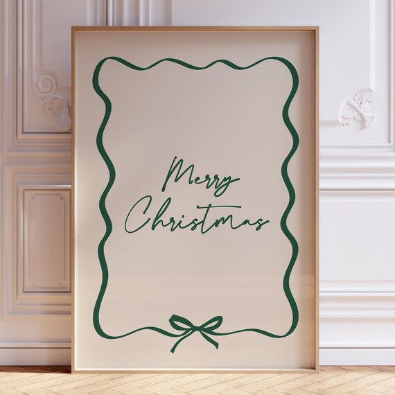 Merry Christmas Green Calligraphy Wavy Bow Border Holiday Poster