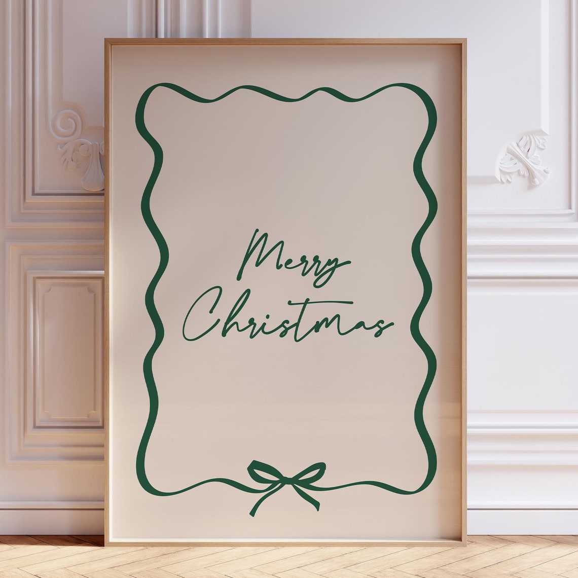 Merry Christmas Green Calligraphy Wavy Bow Border Holiday Poster