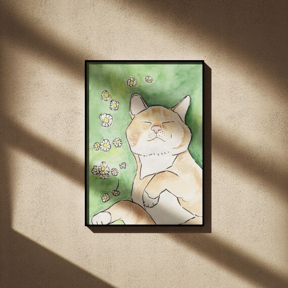 Relaxed Ginger Cat With Daisies, Watercolor Art Print