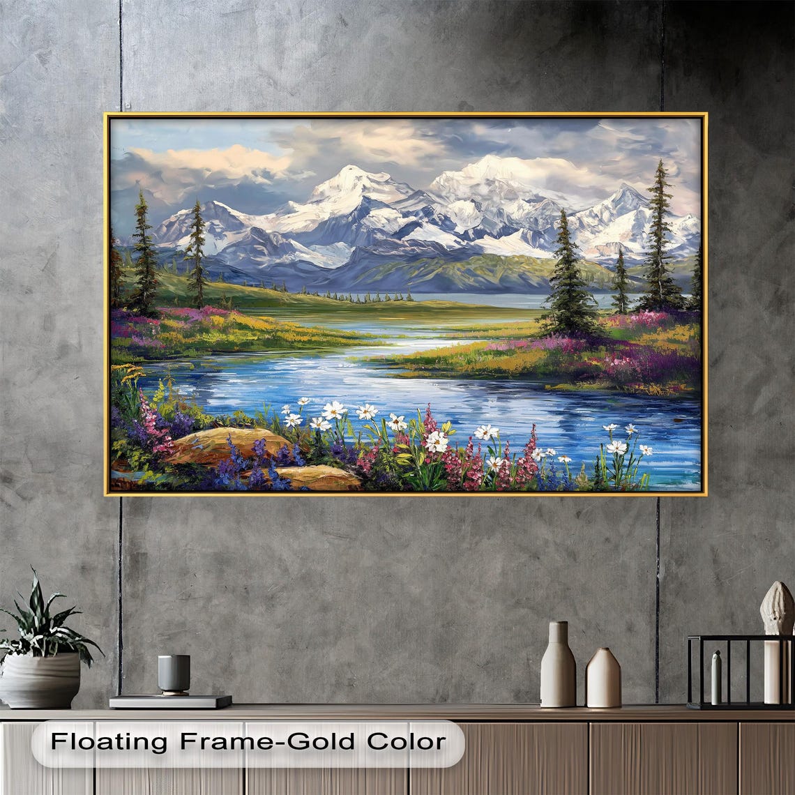 Mountain Stream With Blossoming Flowers, Nature Art Print - Image 2