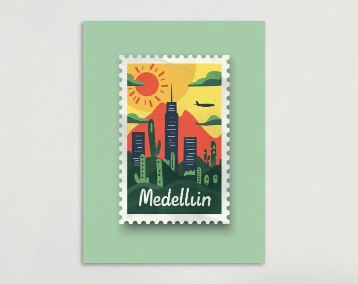 Medellin Colombia Desert Skyline Sunset Vintage Travel Stamp Poster