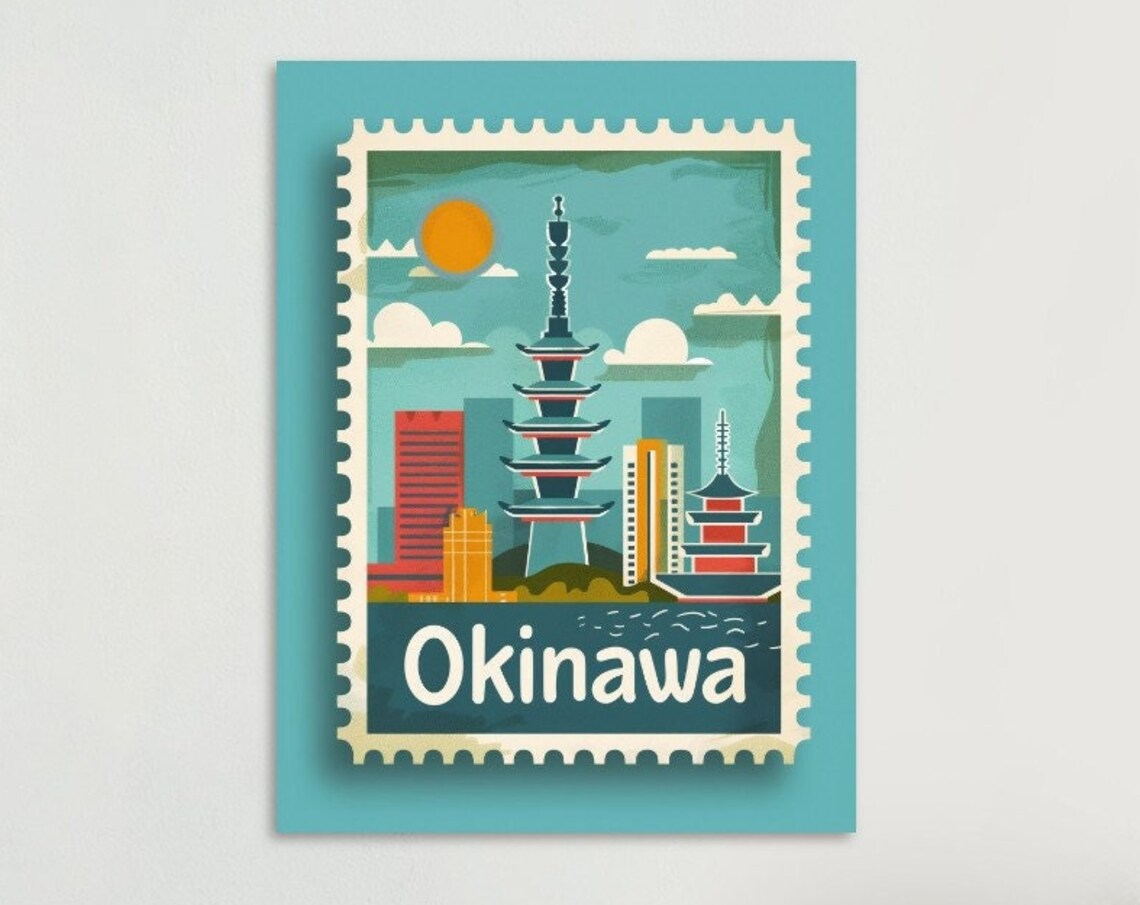 Okinawa Japan Pagoda City Skyline Vintage Travel Stamp Poster