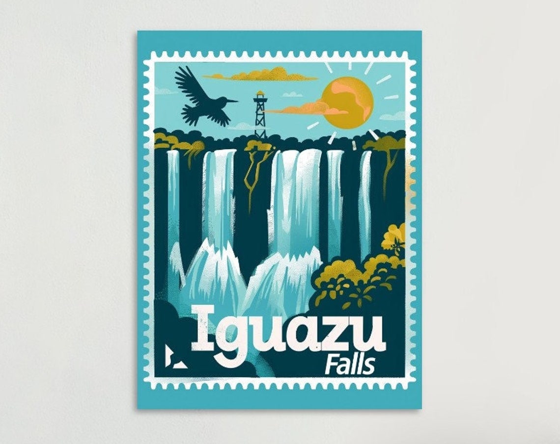 Iguazu Falls Thundering Waterfall Vintage Travel Stamp Poster