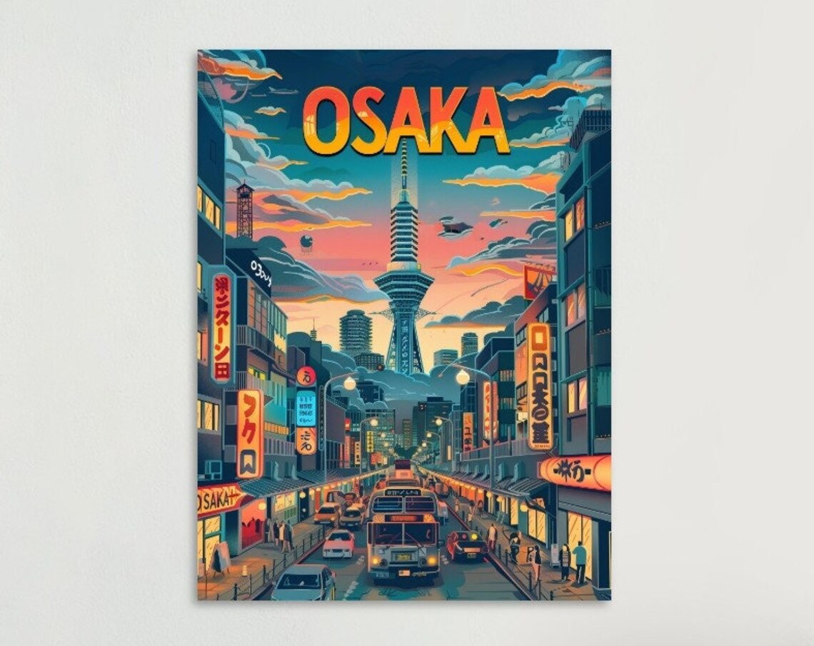 Osaka Neon Street Night Tower Lights Vibrant Retro Travel Poster