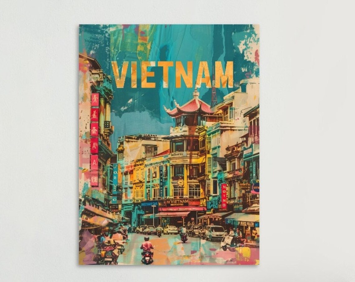 Vietnam Busy City Street Pagoda Motorbikes Painterly Travel Poster