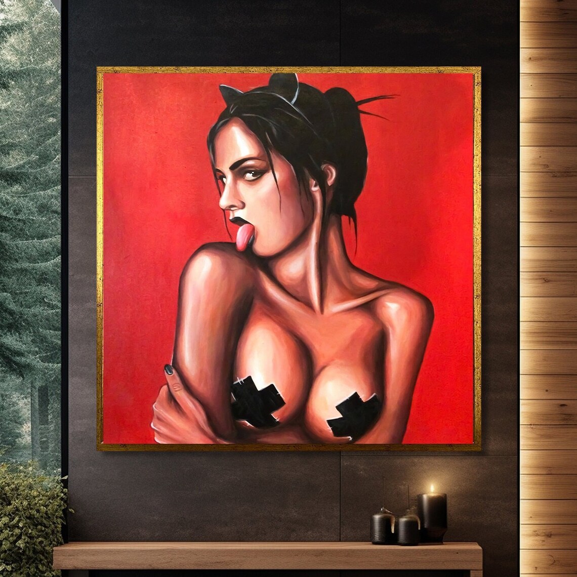 Sensual Woman With Cat Ears, Modern Art Print