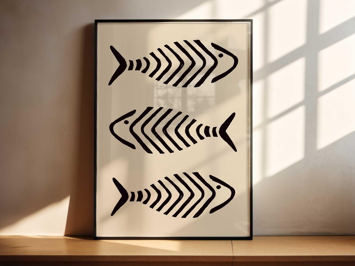 Three Fish Black On Tan Sketched Fish Art With Tan Background