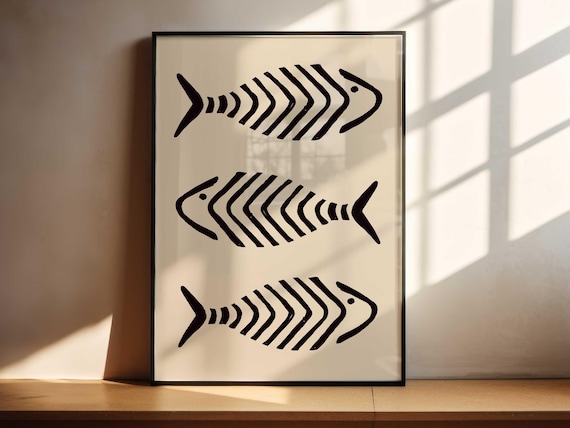 Three Fish Black On Tan Sketched Fish Art With Tan Background