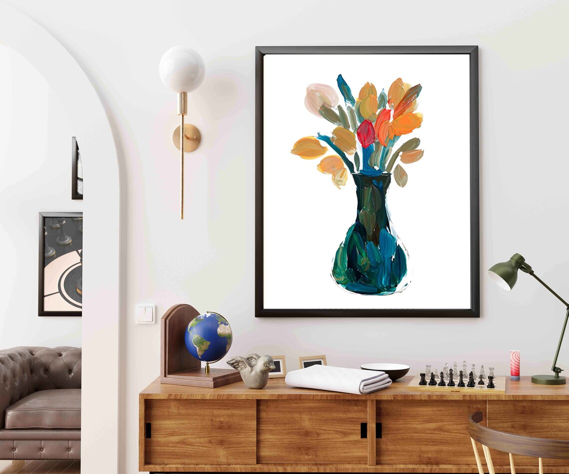 Warm Orange Flowers In Slim Green Vase Painterly Floral Poster