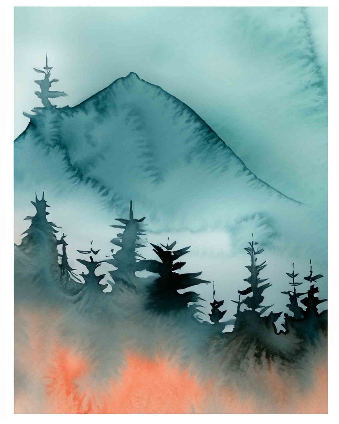 Fire On The Mountain Watercolor Teal Pine Forest Misty Peak Poster - Image 2