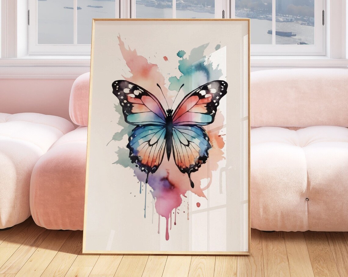 Watercolor Butterfly Pink Blue Floral Y2K Aesthetic Girl Art Poster