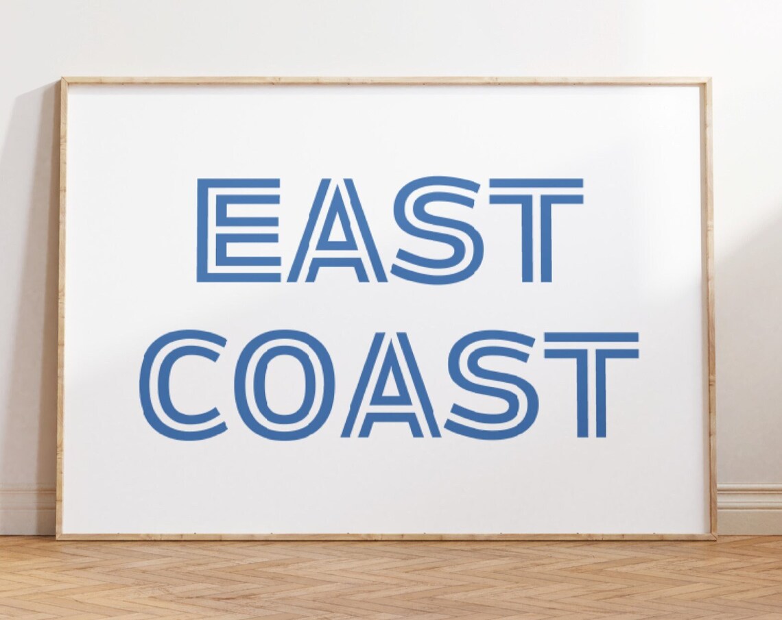 East Coast Blue Retro Outline Typography Coastal Beach Poster