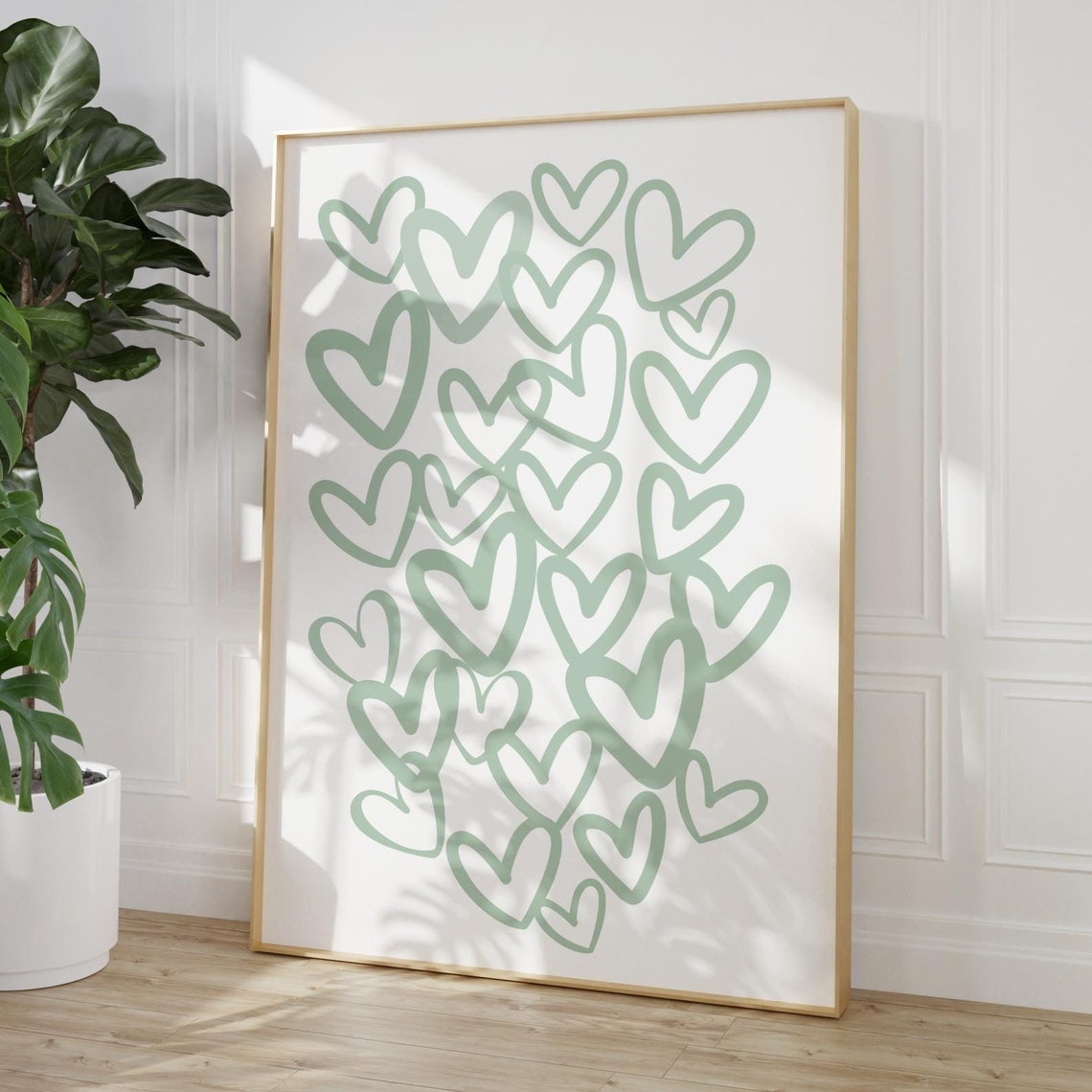 Sage Green Hearts Pattern Hand Drawn Doodle Art Style Poster - Image 3