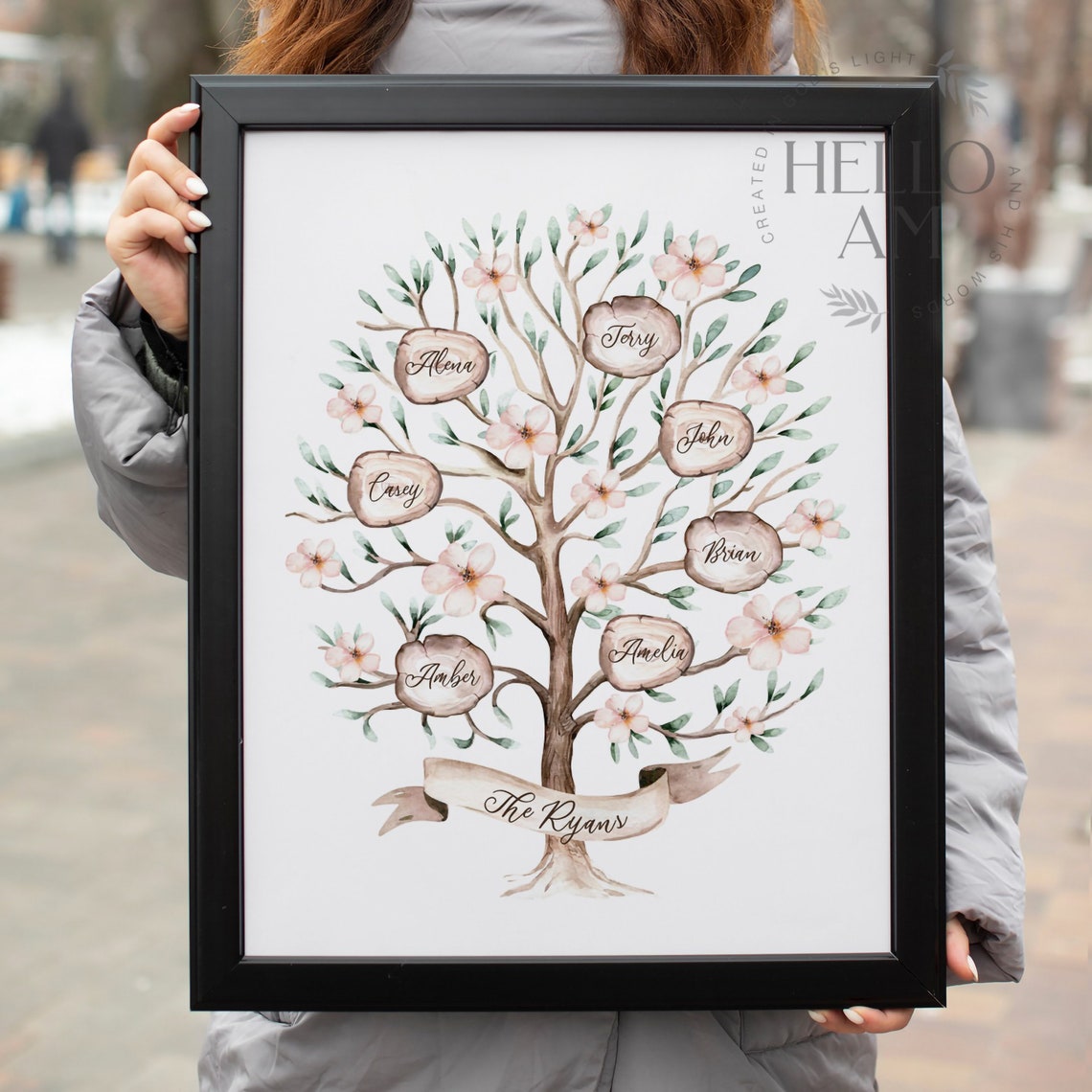 Personalized Watercolor Family Tree Blossom Branches Names Art Poster - Image 3