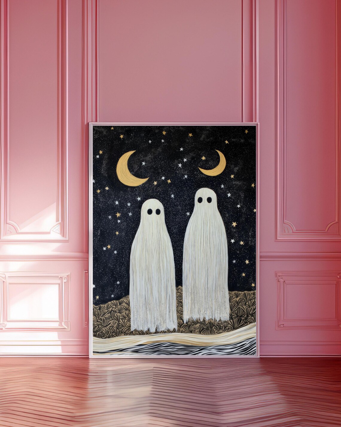 Two Cute Ghosts Under Starry Night Sky With Golden Moons Halloween Poster - Image 4
