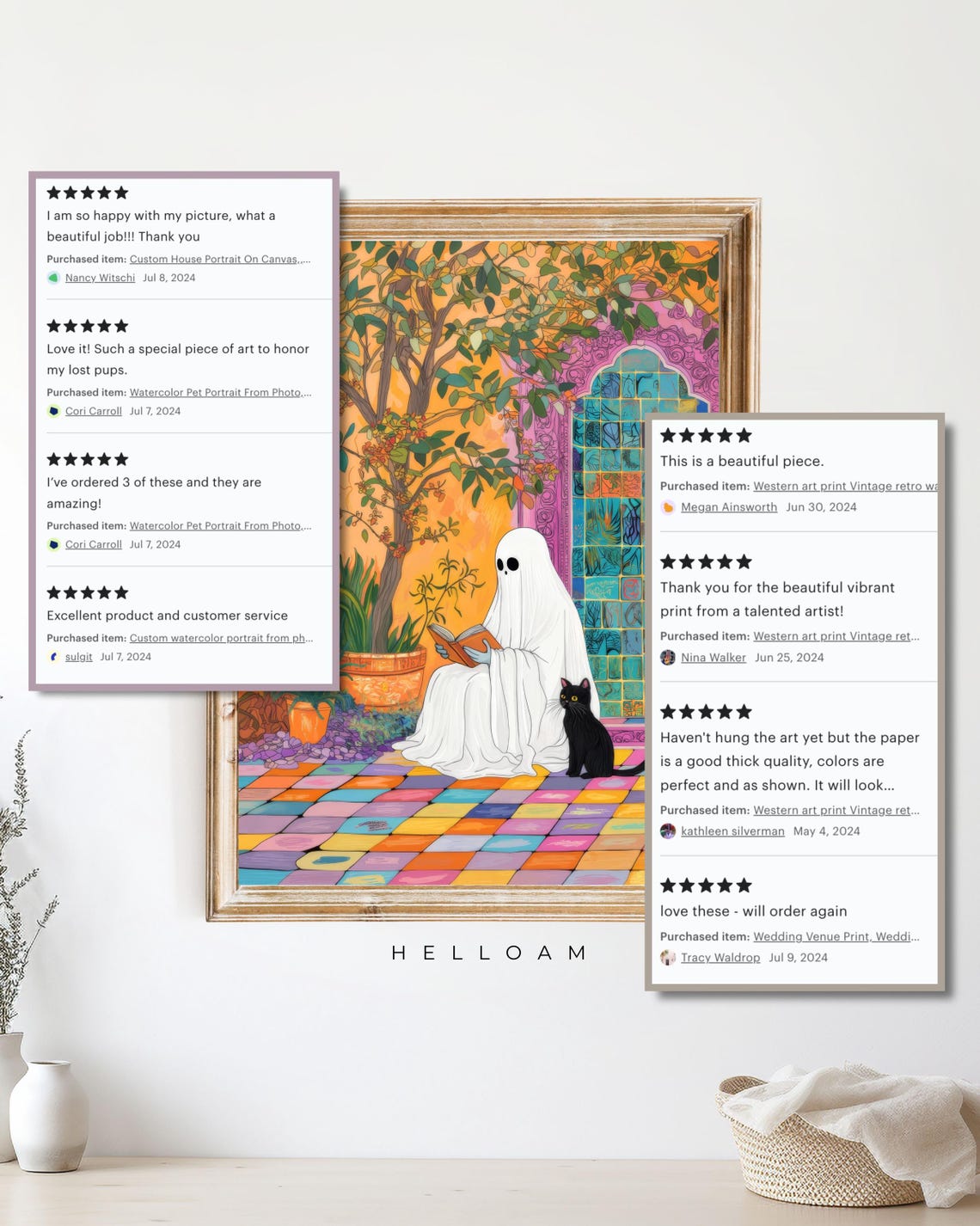 Cute Ghost Reading Romantic Dark Academia Moody Cottagecore Spooky Decor Vintage Poster Gothic Painting Reading Ghost Black Cat - Image 3