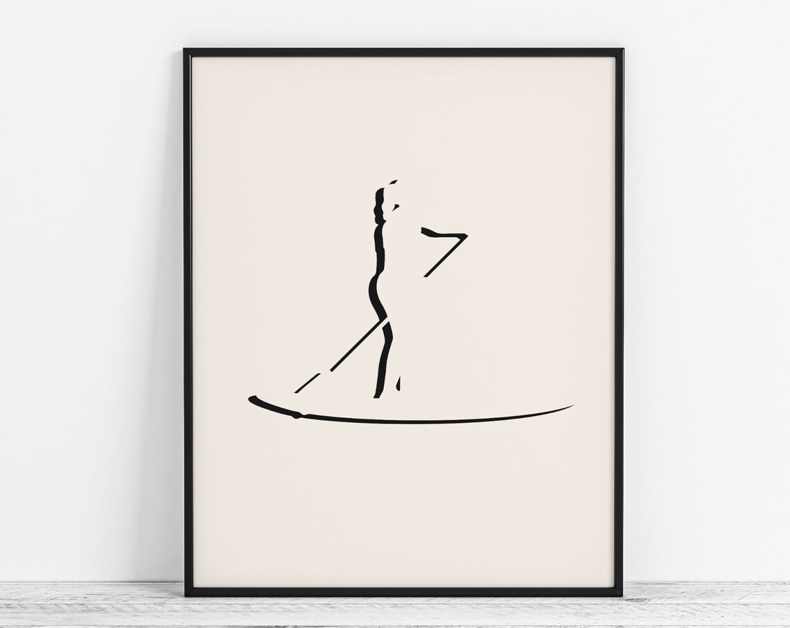 Minimalist Paddleboarder Silhouette Black Line Art Sport Poster