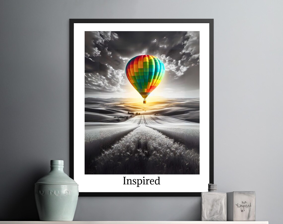 Inspired Rainbow Hot Air Balloon Over Monochrome Land Poster
