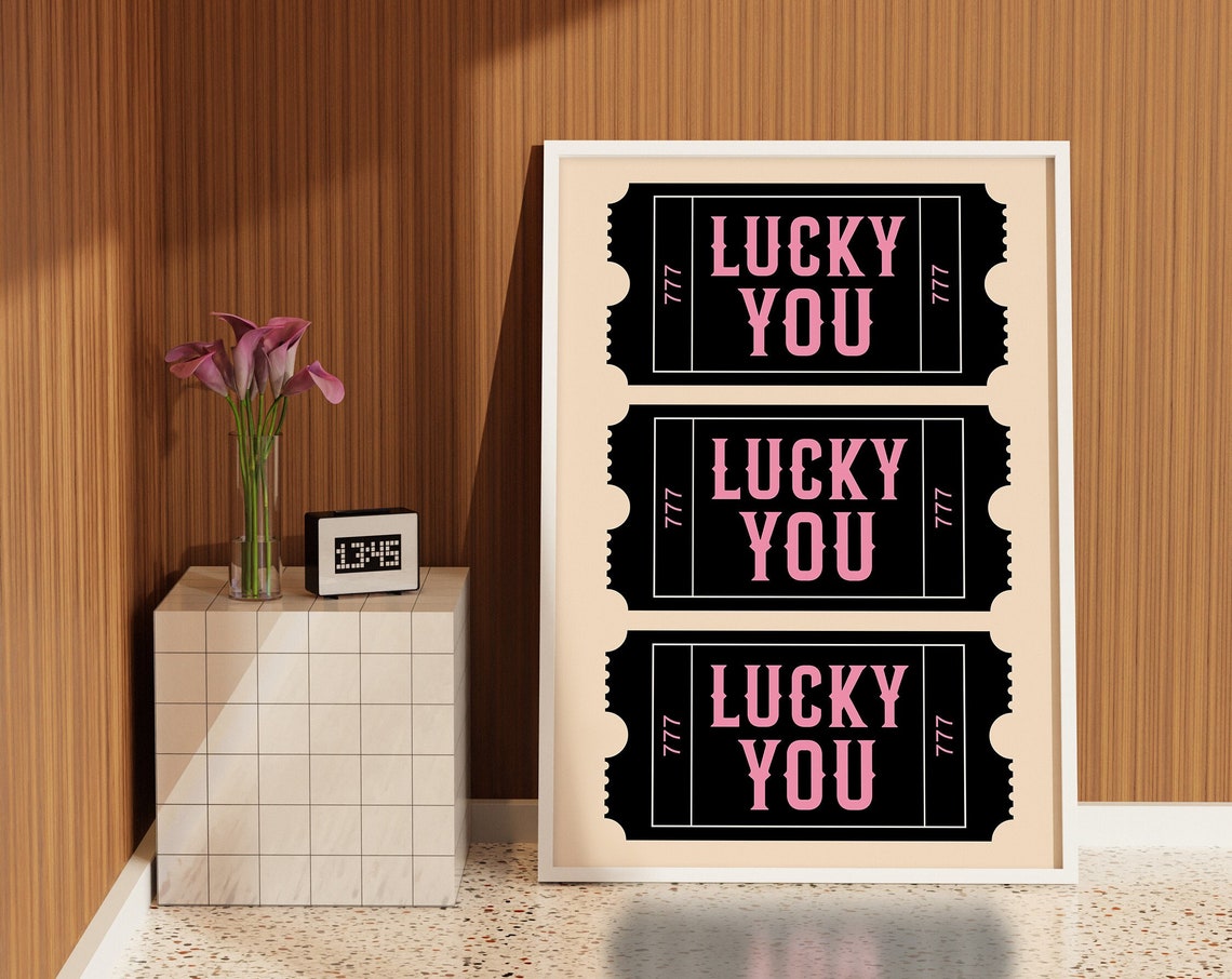 Lucky You 777 Pink Retro Ticket Stub Typography Pop Wall Art - Image 2
