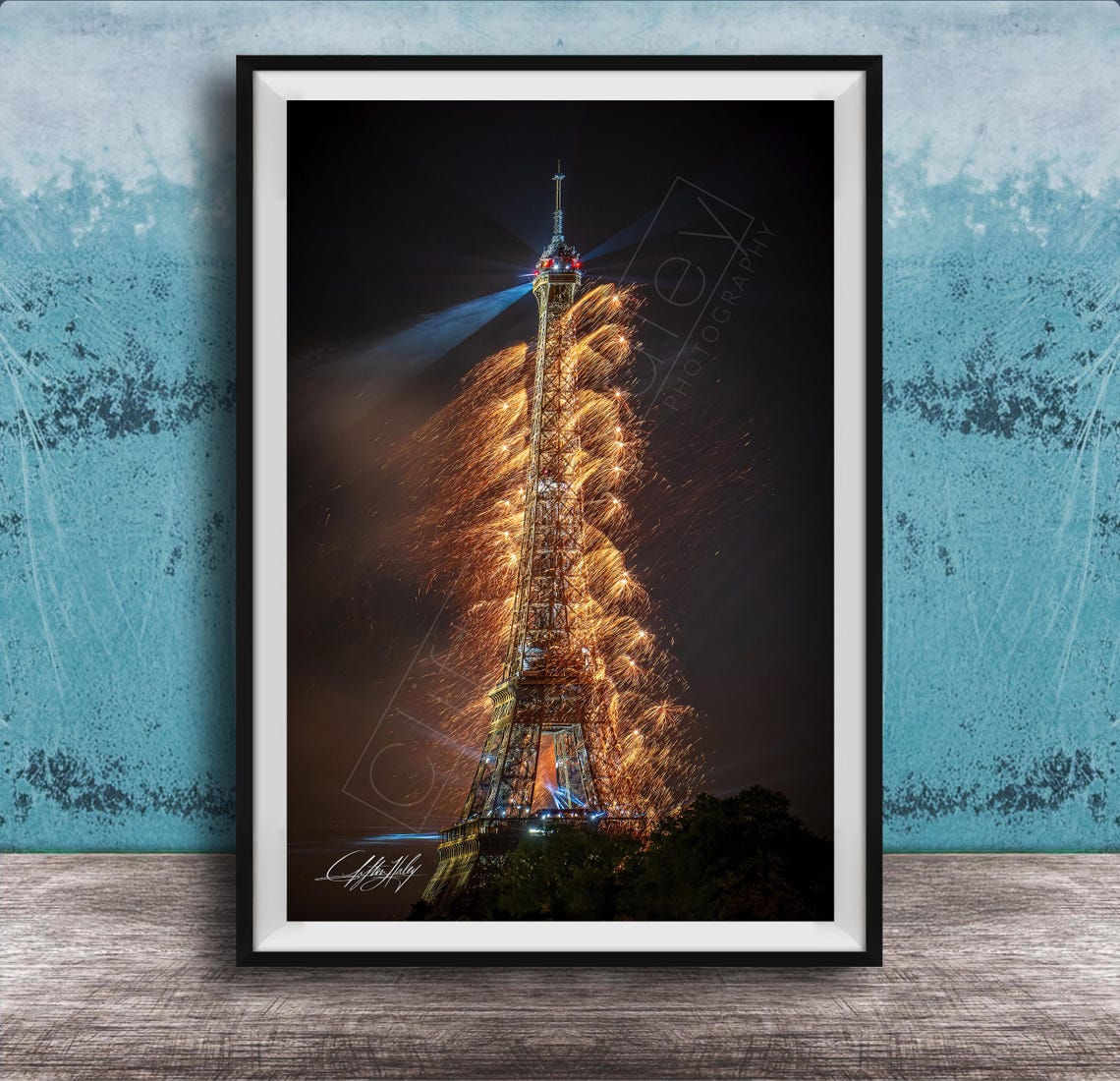 Eiffel Tower at Night with Golden Fireworks Paris Photo Poster