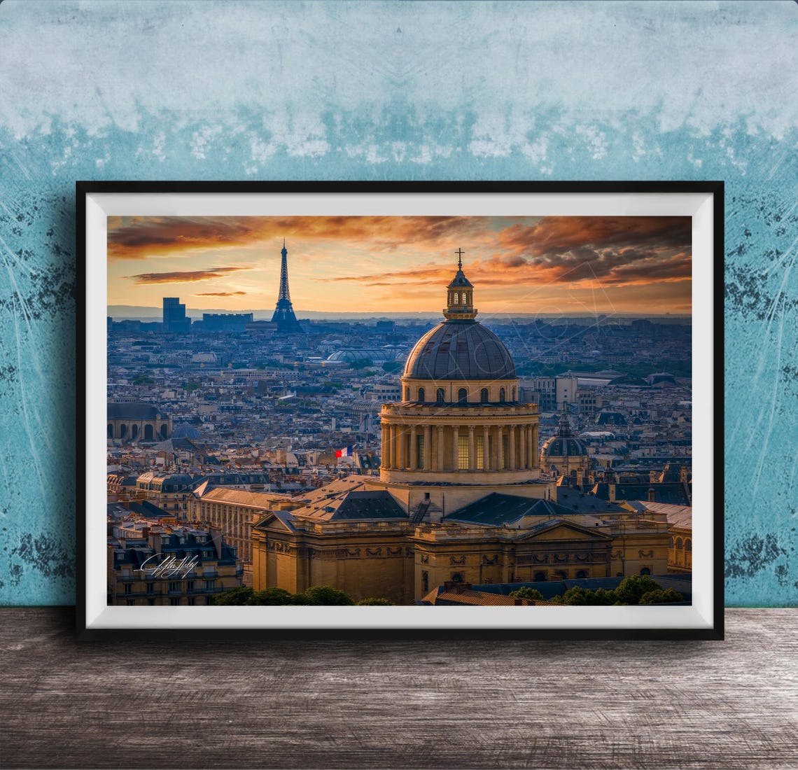 Paris Pantheon Dome Eiffel Tower Sunset Skyline Photo Poster