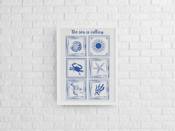 The Sea Is Calling Coastal Tile Sea Life Motif Beach Wall Poster