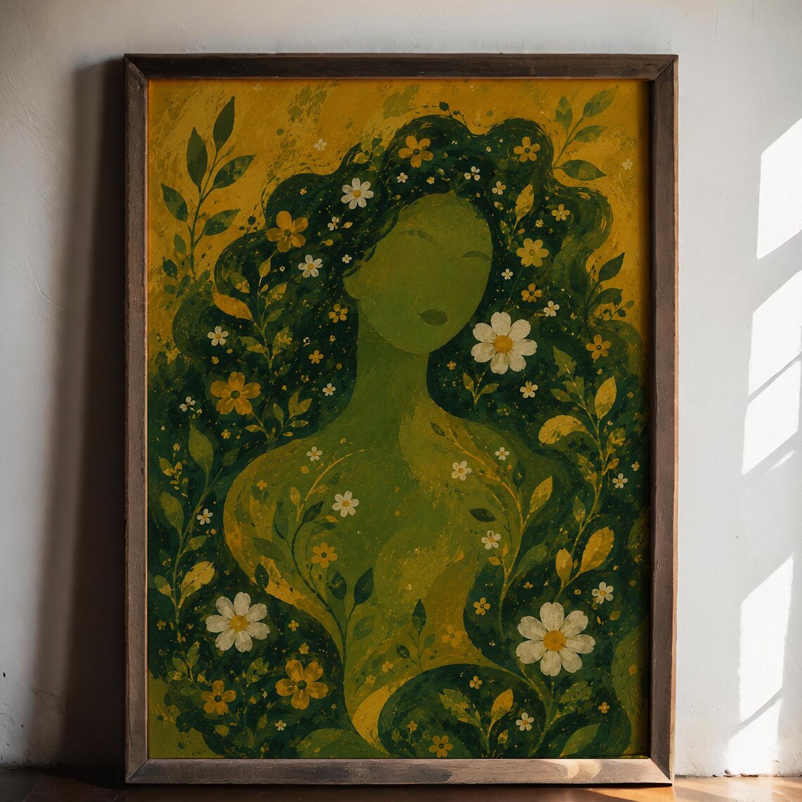 Abstract Green Woman Poster, Botanical Daisy Floral