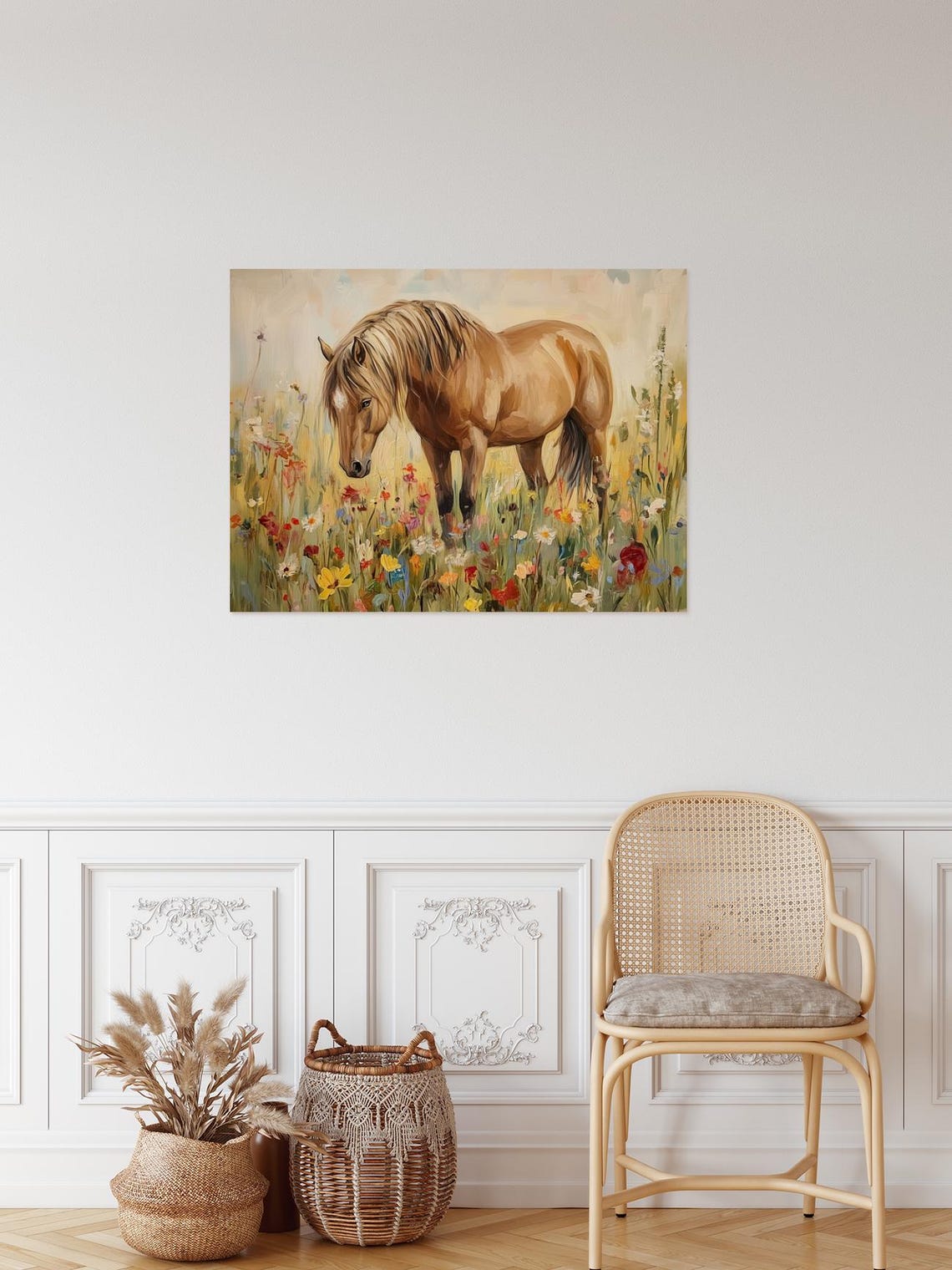 Chestnut Horse Standing Among Wildflowers Golden Light Poster - Image 2