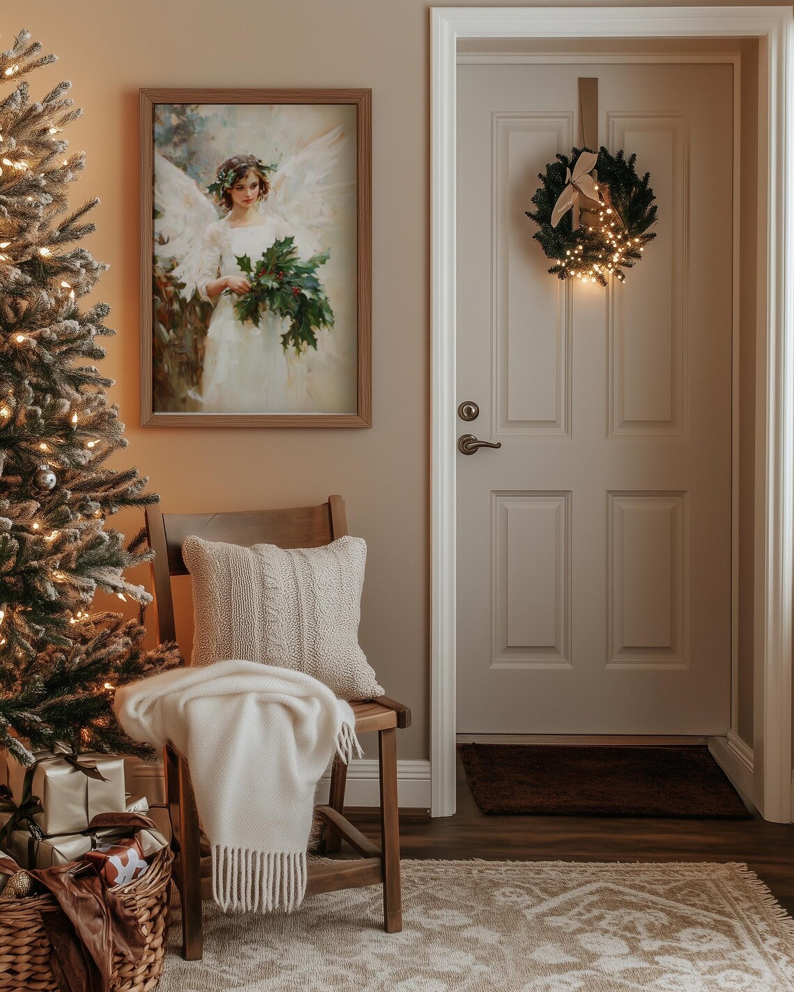 Young Angel in White Gown Holding Holly Vintage Christmas Poster - Image 5