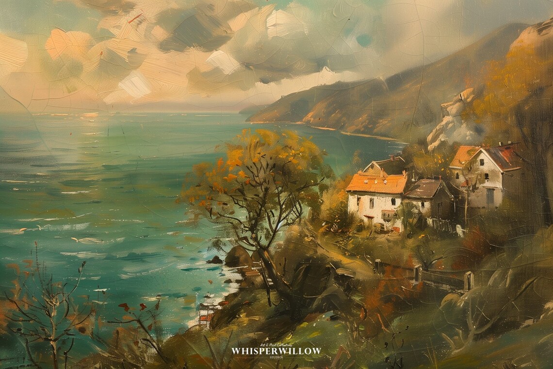 Sunset Over Mediterranean Seaside Village Vintage Oil Painting Poster - Image 6