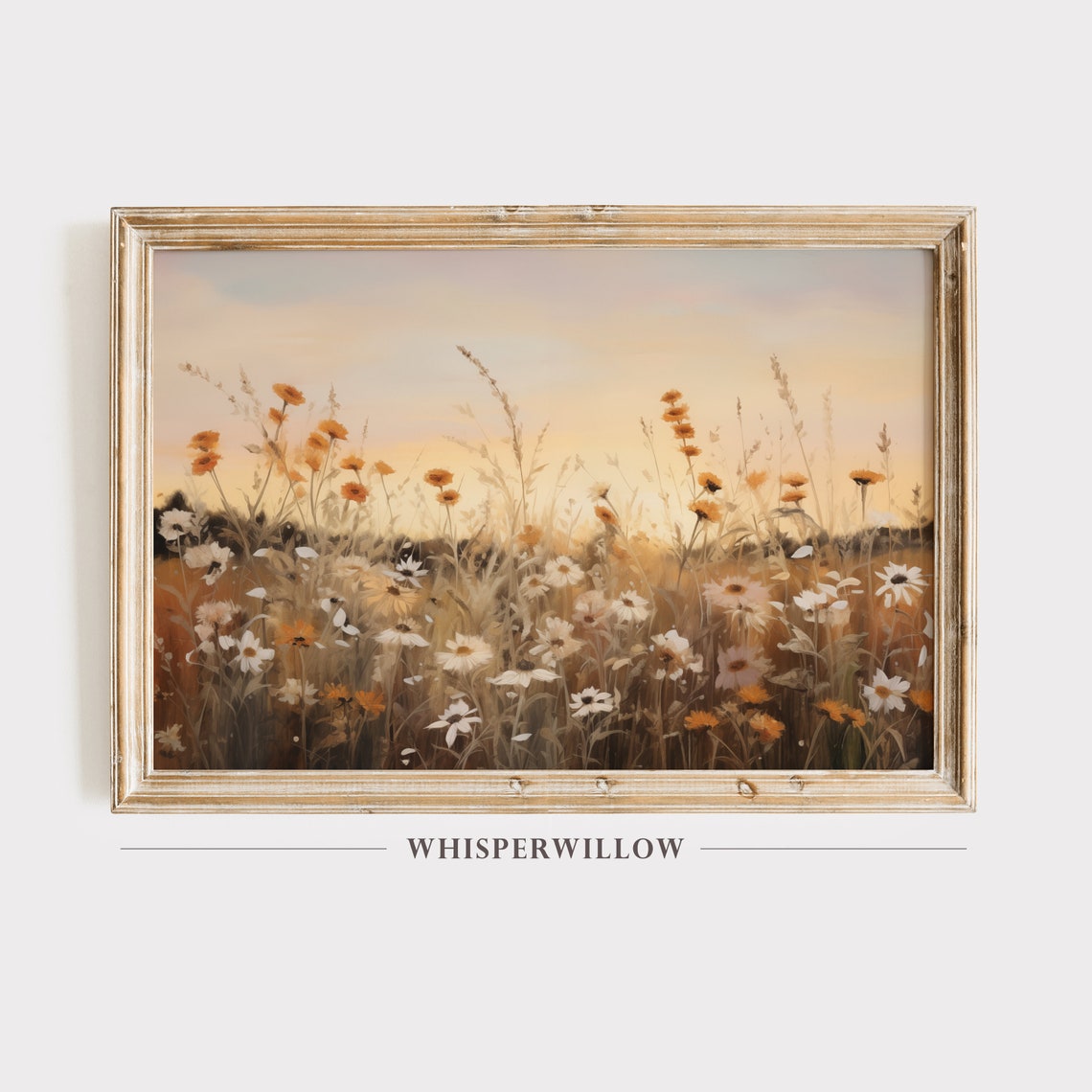 White and Orange Wildflowers Sunset Meadow Painting Art Poster