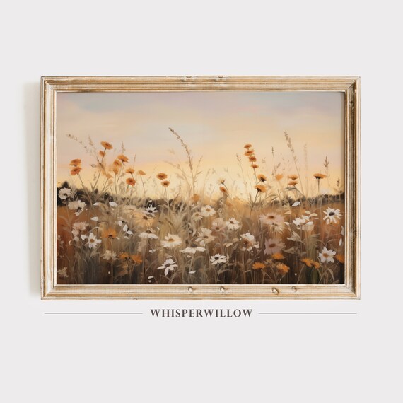 White and Orange Wildflowers Sunset Meadow Painting Art Poster