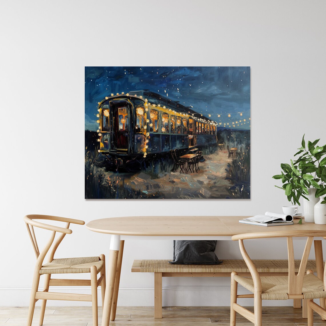 Vintage Train Car Restaurant Painting String Lights Starry Night Poster - Image 2