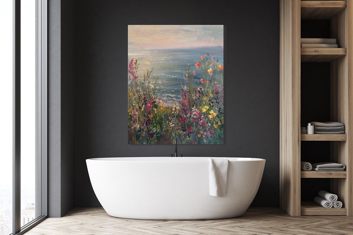 Colorful Wildflowers Overlooking the Sea at Sunset Painting Poster - Image 2