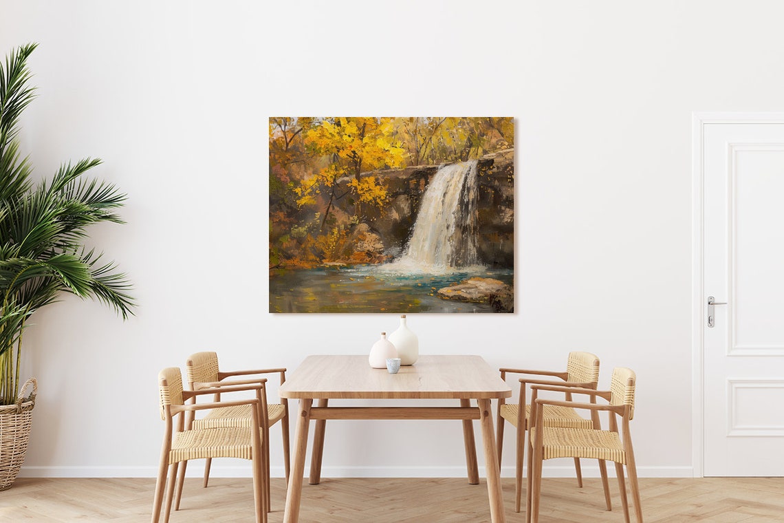 Autumn Waterfall Golden Fall Foliage Impasto Forest Landscape Poster - Image 4