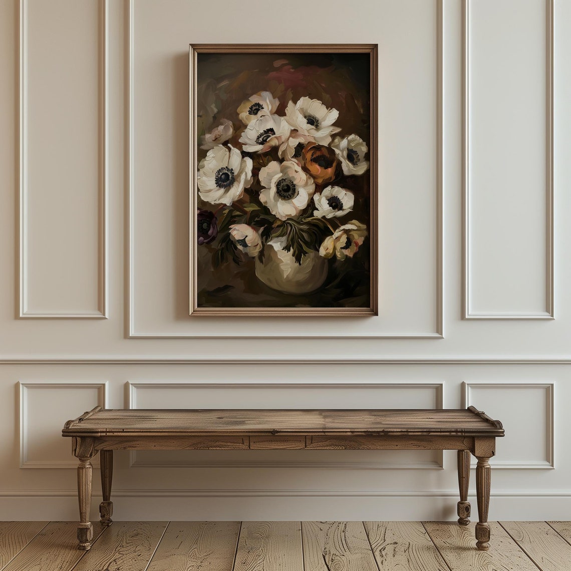 White Anemone Bouquet In Vase Dark Moody Floral Oil Painting Poster - Image 4