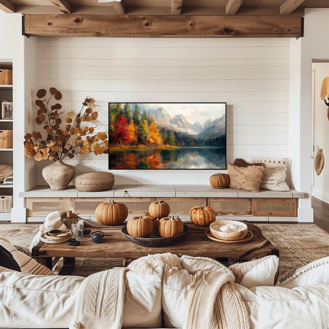 Autumn Lake Landscape With Mountains, Fall Artwork - Image 5