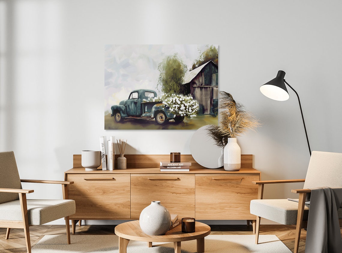Vintage Blue Truck With Wildflowers Rustic Barn Farmhouse Art Poster - Image 4