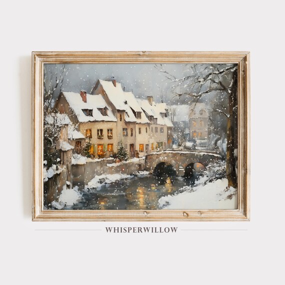 Snowy River Village Stone Bridge Winter Snowfall Rooftops Painting Poster