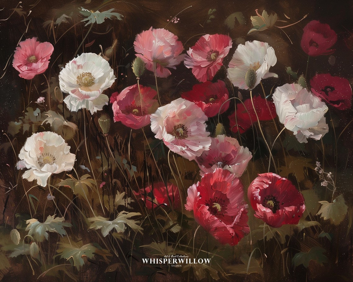 Pink Red And White Poppies On Dark Moody Floral Oil Painting Poster - Image 6