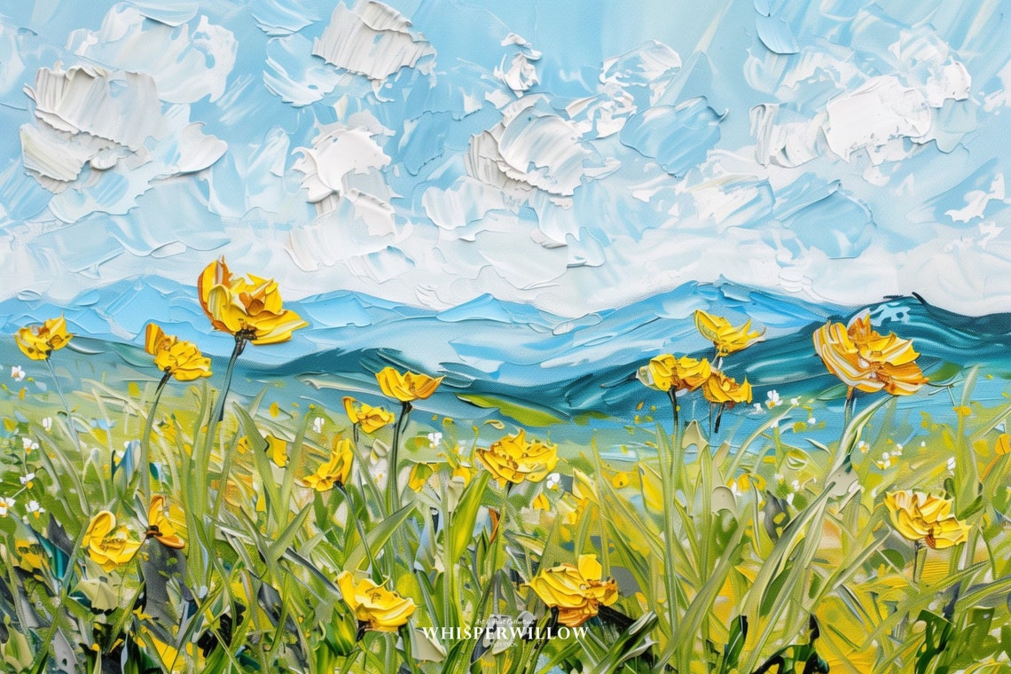 Yellow Buttercup Wildflowers Blue Mountain Impasto Meadow Poster - Image 6