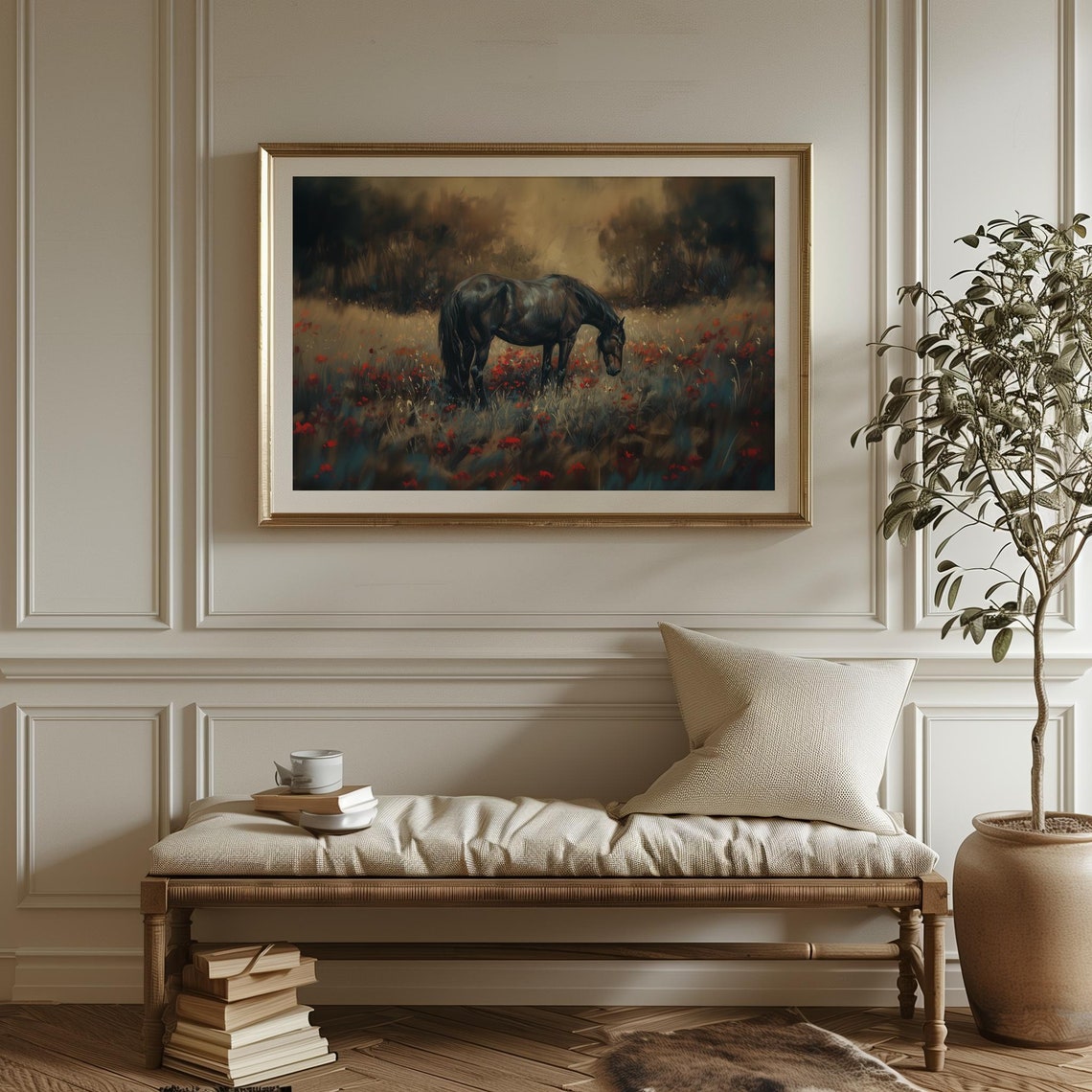 Black Horse in Red Poppy Field Dramatic Moody Equestrian Poster - Image 3