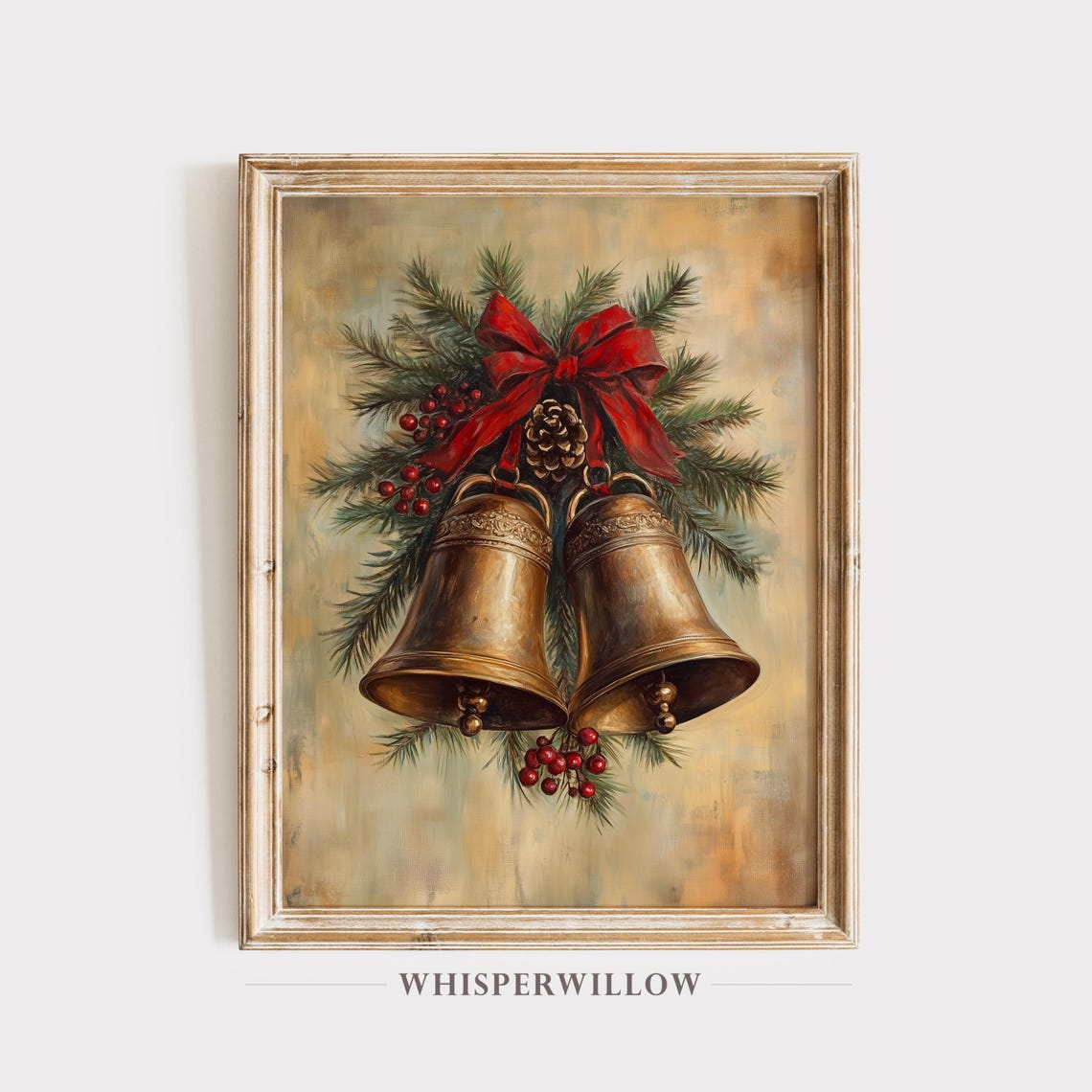 Antique Brass Christmas Bells with Red Bow Pine Berries Poster