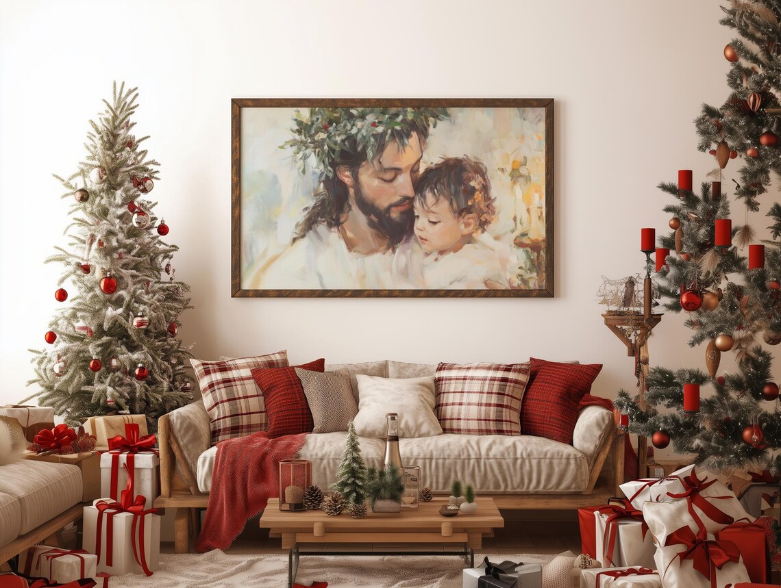 Jesus with Child Christmas Portrait Wreath Crown Painting Poster - Image 4