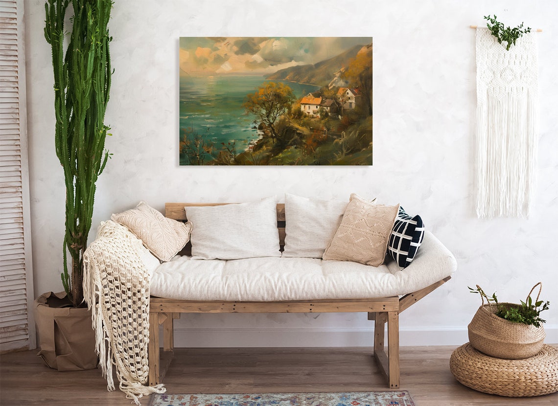 Sunset Over Mediterranean Seaside Village Vintage Oil Painting Poster - Image 4