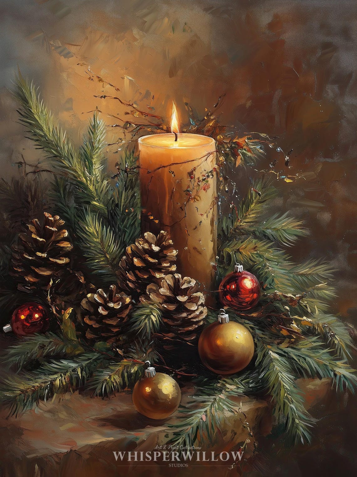 Glowing Christmas Candle with Pinecones Ornaments Still Life Poster - Image 6